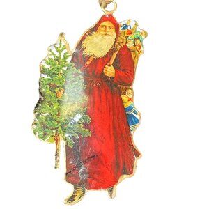 Vintage Santa Claus Christmas Ornament With Tree & Gifts Rustic Twine Hanger